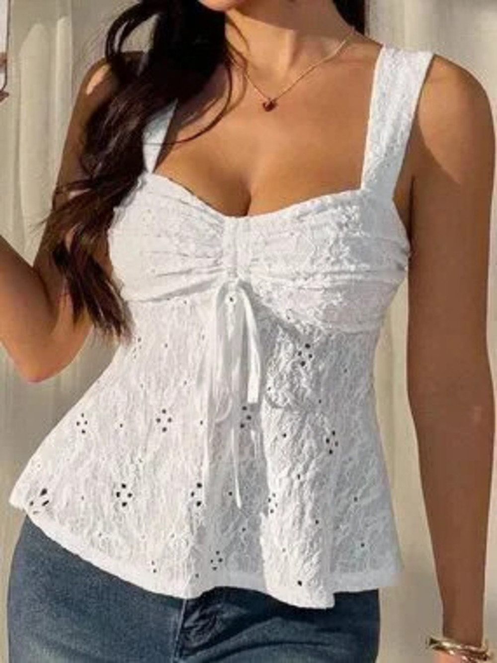ZARA White Casual Women's Tops Hollow Out Lace-Up Vacation Tank Top